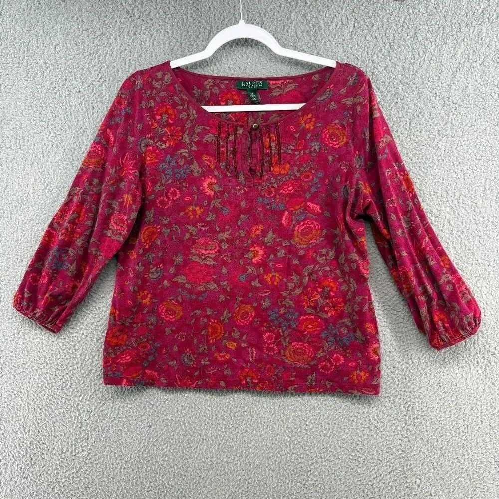 Lauren Ralph Lauren Petite PL Red Floral Peasant Top Blouse 3/4 Sleeve Boho
